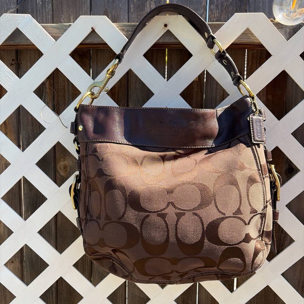 Coach Y2K Large Zoe Brown Signature Canvas Hobo Shoulder Bag with Leather Trim